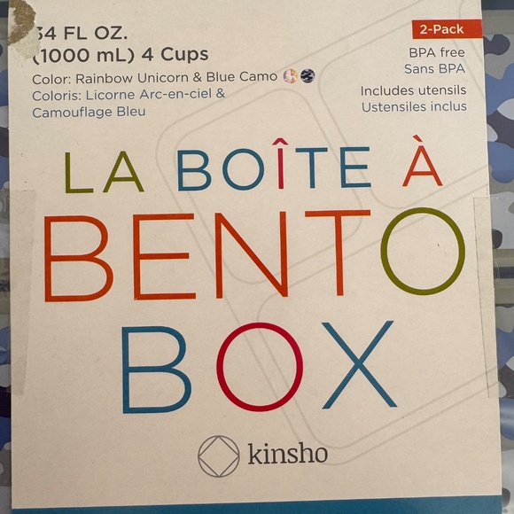 Kinsho La Boite A Bento Box Set Of 2 Unicorn & Blue Camo Utensils Food Storage - Picture 5 of 11